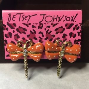 Betsey Johnson gold dragonfly orange polkadots wings crystal detail earrings.
